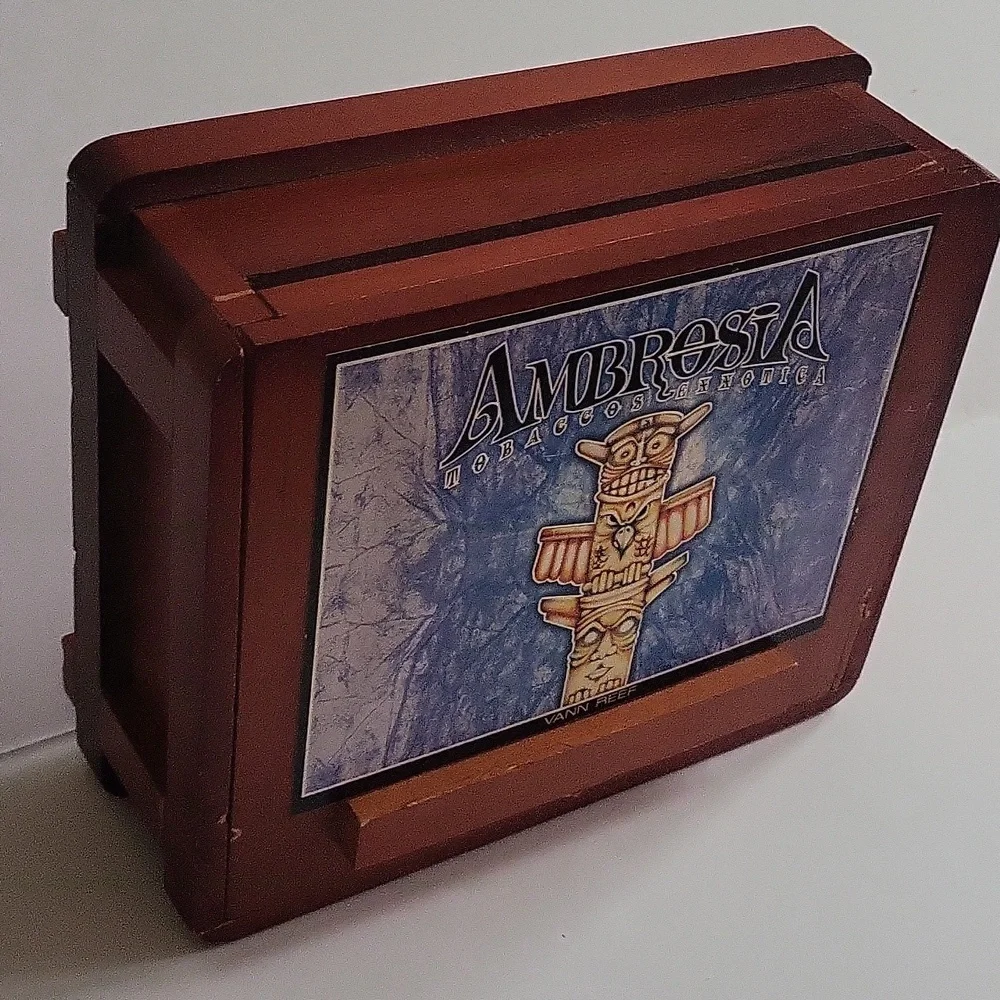 Wood Ambrosia Tobaccos Exxotica EMPTY Cigar Lift Lid Box Tiki Design